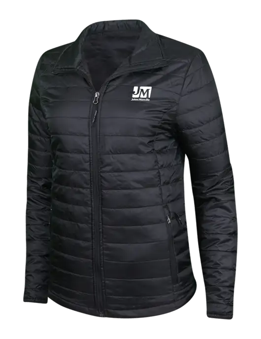 Womens Black Puffy Packable Jacket w/Johns Manville Logo