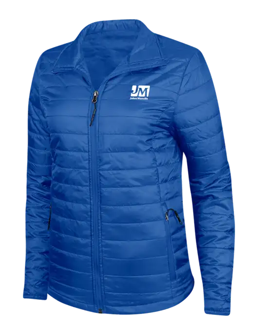 Dark Royal Blue Womens Puffy Packable Jacket w/Johns Manville Logo