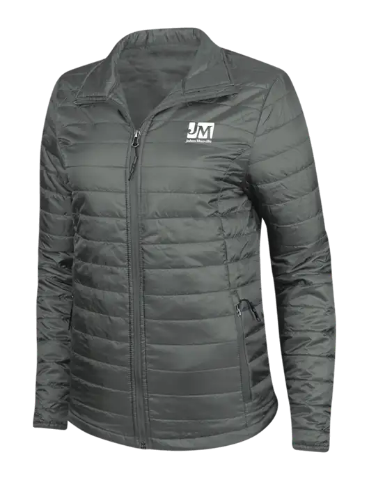 Dark Grey Womens Puffy Packable Jacket w/Johns Manville Logo