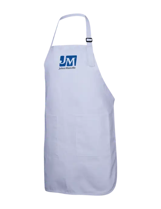 Full-Length White Apron With Pockets w/Johns Manville Logo