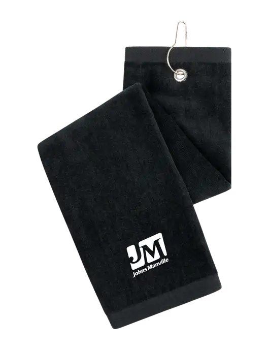 Black Tri-Fold Golf Towel with Grommet w/Johns Manville Logo