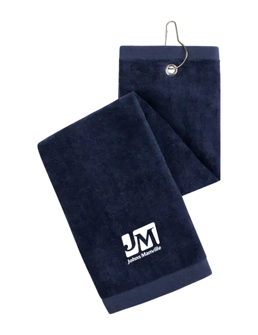 Navy Tri-Fold Golf Towel with Grommet w/Johns Manville Logo