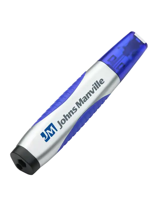 Silver/Blue Level Light Screwdriver Pen w/Johns Manville Logo