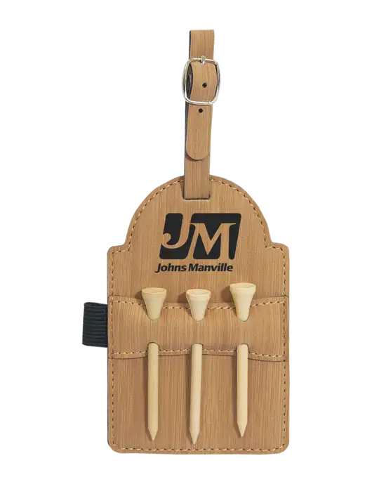 Bamboo Leatherette Golf Bag Tag with 3 Wooden Tees w/Johns Manville Logo