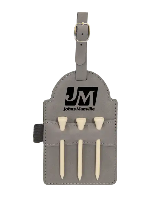 Grey Leatherette Golf Bag Tag with 3 Wooden Tees w/Johns Manville Logo