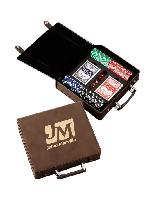 Rustic Leatherette 100 Chip Poker Set w/Johns Manville Logo