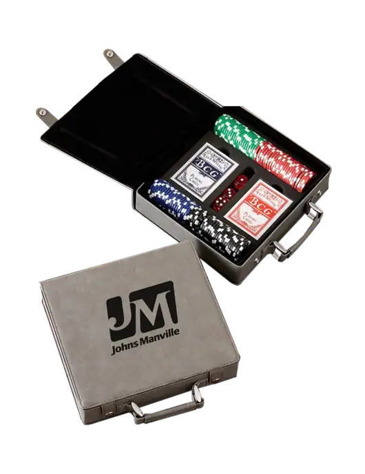 Grey Leatherette 100 Chip Poker Set w/Johns Manville Logo
