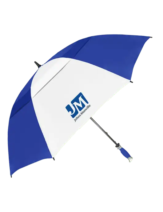 Royal/White Vented Typhoon Tamer Golf Umbrella w/Johns Manville Logo