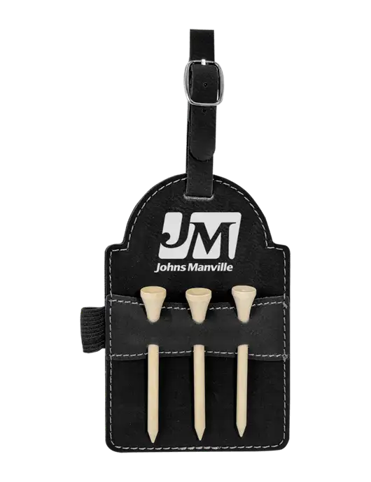 Black Leatherette Golf Bag Tag with 3 Wooden Tees w/Johns Manville Logo