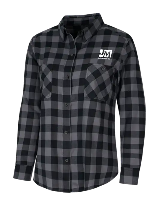 Womens Medium Grey/Black Buffalo Check Plaid Flannel Shirt w/Johns Manville Logo