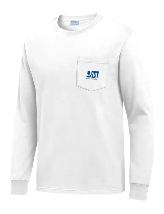 White Long Sleeve Heavyweight 6.1 oz Pocket T-Shirt w/Johns Manville Logo