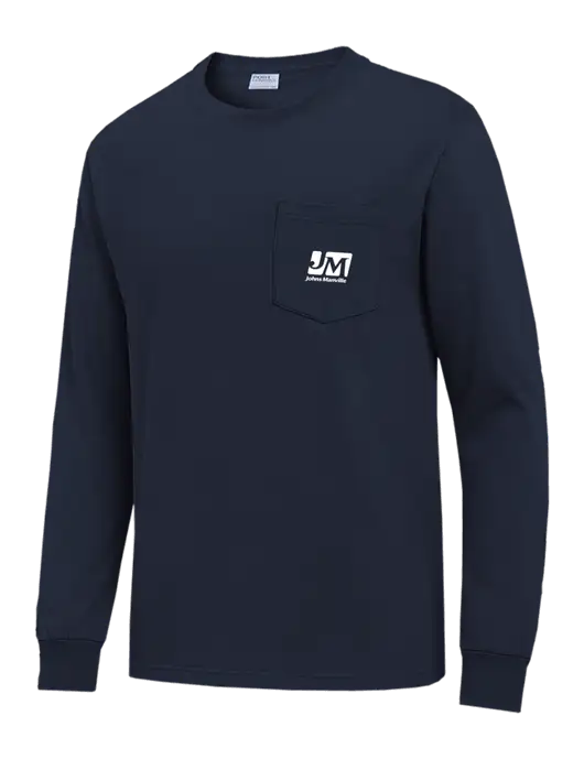 Navy Long Sleeve Heavyweight 6.1 oz Pocket T-Shirt w/Johns Manville Logo