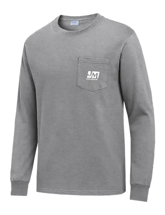 Medium Grey Heather Long Sleeve Heavyweight 6.1 oz Pocket T-Shirt w/Johns Manville Logo