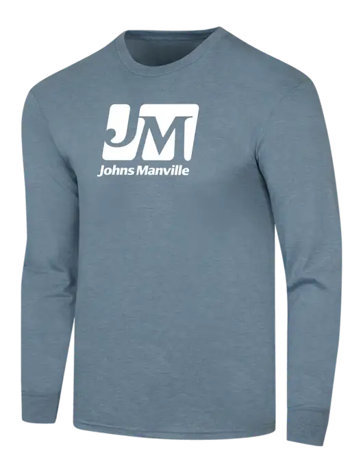 Simply Soft Long Sleeve Slate Blue Heather 4.5 oz, Poly/Combed Ring Spun Cotton T-Shirt w/Johns Manville Logo