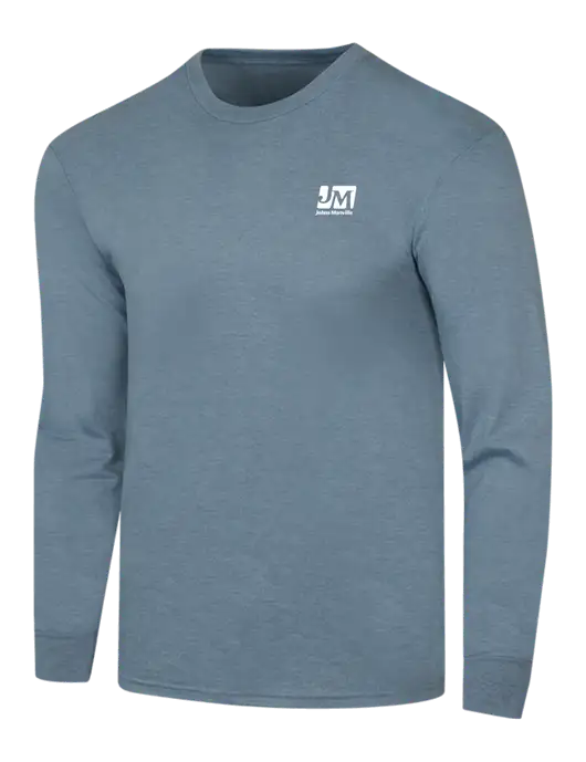 Simply Soft Long Sleeve Slate Blue Heather 4.5 oz, Poly/Combed Ring Spun Cotton T-Shirt w/Johns Manville Logo