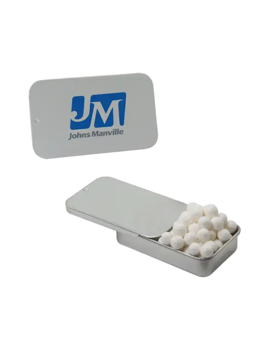 Signature Peppermints In Silver Slider Tin w/Johns Manville Logo