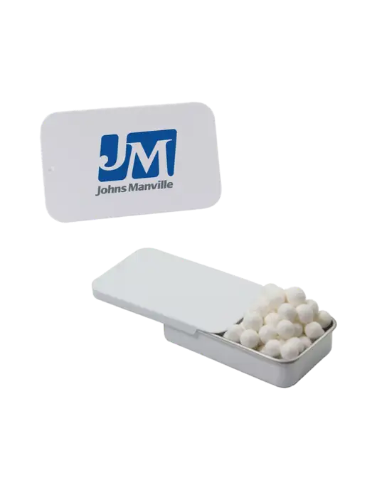 Signature Peppermints In White Slider Tin w/Johns Manville Logo