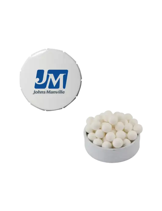 Signature Peppermints In White Snap Top Tin  w/Johns Manville Logo