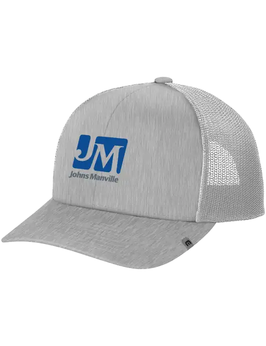 TravisMathew Light Medium Grey Heather Cruz Trucker Cap w/Johns Manville Logo