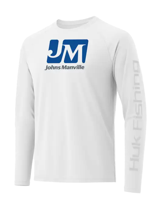 HUK White LoPro Pursuit Long Sleeve T-Shirt w/Johns Manville Logo