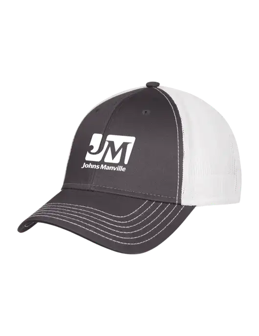 Dark Grey/White Mesh Trucker Cap Snap Back w/Johns Manville Logo