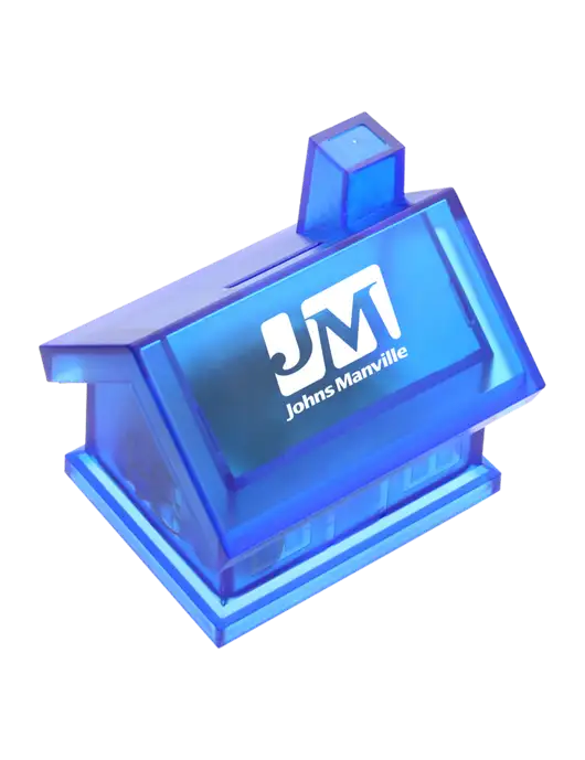 Translucent Blue Happy Home Coin Bank w/Johns Manville Logo