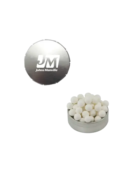 Signature Peppermints In Silver Snap Top Tin  w/Johns Manville Logo