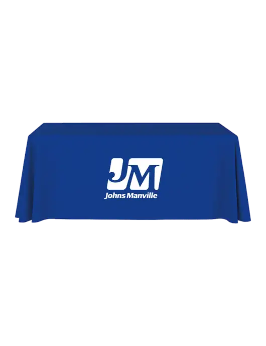 6' Stain-Resistant 4-Sided Dark Royal Table Cover w/Johns Manville Logo