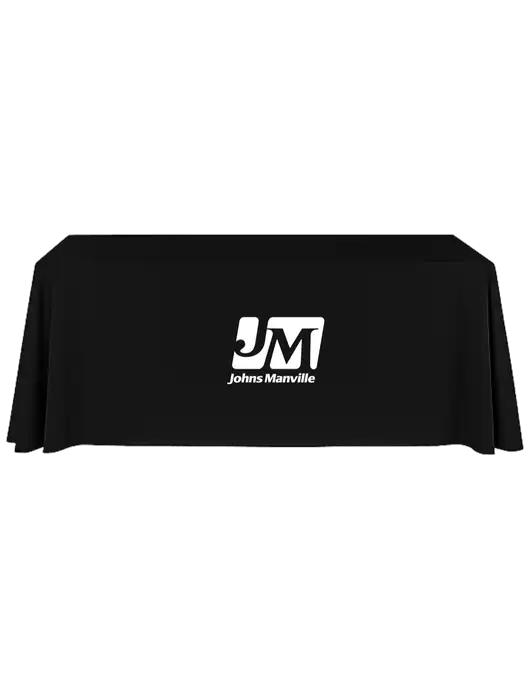 8' Stain-Resistant 4-Sided Black Table Cover w/Johns Manville Logo