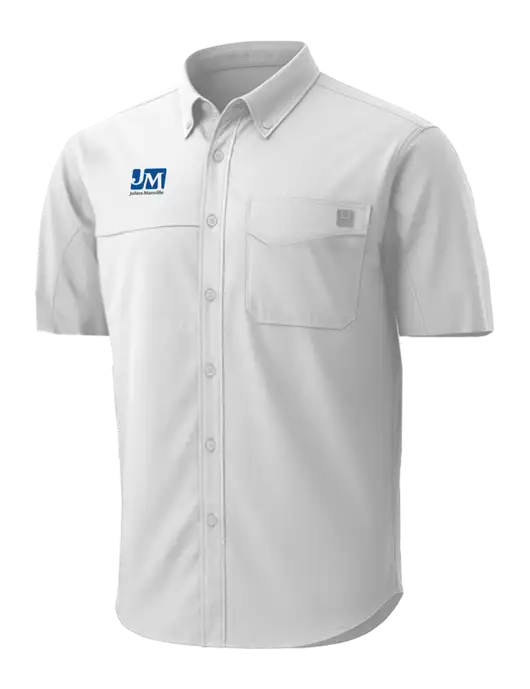 HUK White Tide Point Short Sleeve Shirt w/Johns Manville Logo