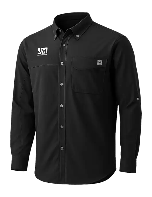 HUK Black Tide Point Pocket Long Sleeve Fishing Shirt w/Johns Manville Logo