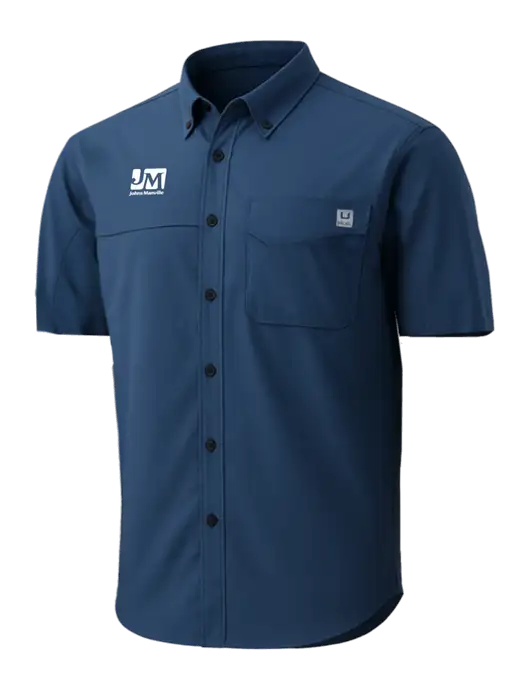 HUK Navy Tide Point Short Sleeve Shirt w/Johns Manville Logo