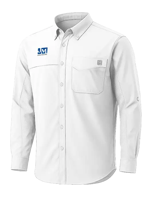 HUK White Tide Point Pocket Long Sleeve Fishing Shirt w/Johns Manville Logo