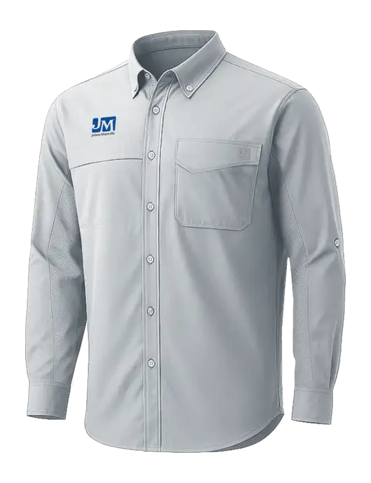 HUK Light Grey Tide Point Pocket Long Sleeve Fishing Shirt w/Johns Manville Logo