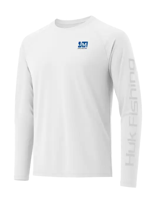 HUK White LoPro Pursuit Long Sleeve T-Shirt w/Johns Manville Logo