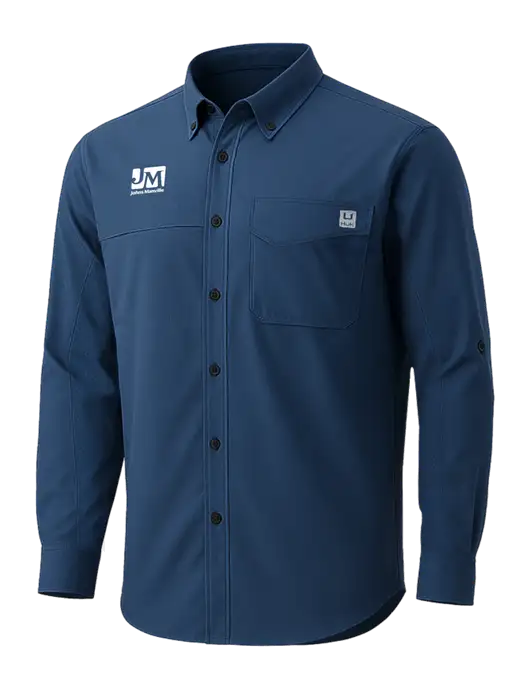 HUK Navy Tide Point Pocket Long Sleeve Fishing Shirt w/Johns Manville Logo