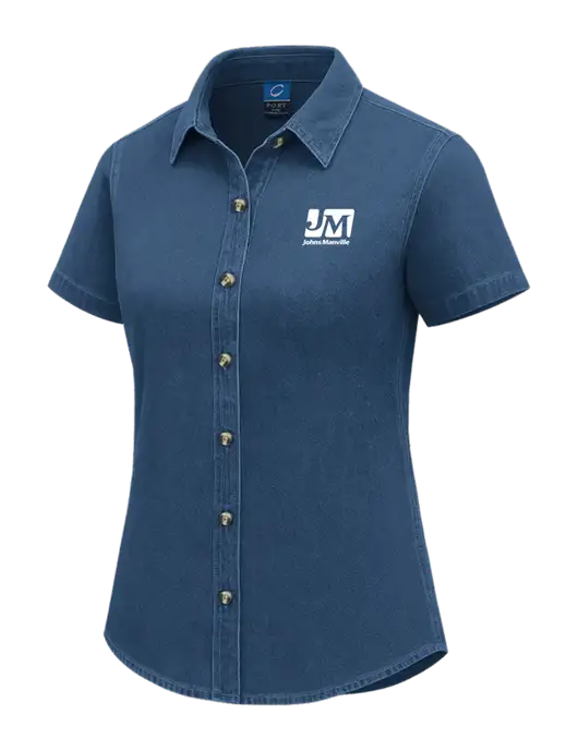 Womens Short Sleeve Light Navy Denim Shirt w/Johns Manville Logo