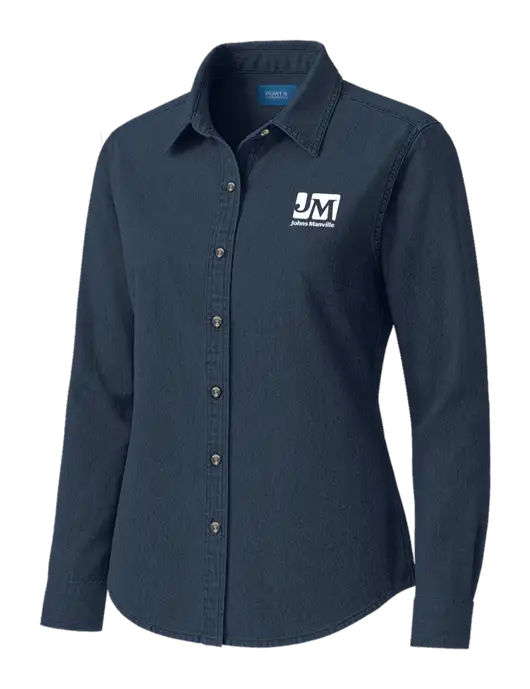 Womens Long Sleeve Light Navy Denim Shirt
 w/Johns Manville Logo