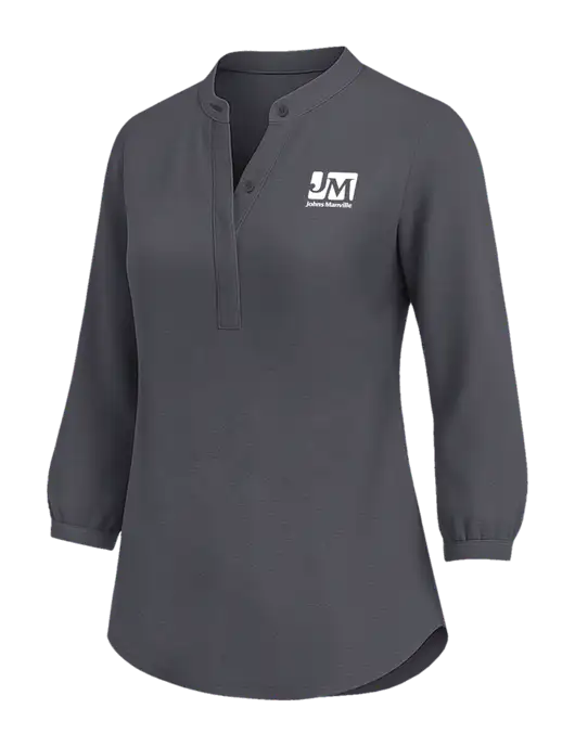 Womens Three Quarter-Sleeve Textured Dark Grey Crepe Tunic w/Johns Manville Logo