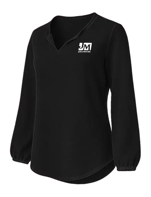 Womens Textured Black Crepe Blouse w/Johns Manville Logo