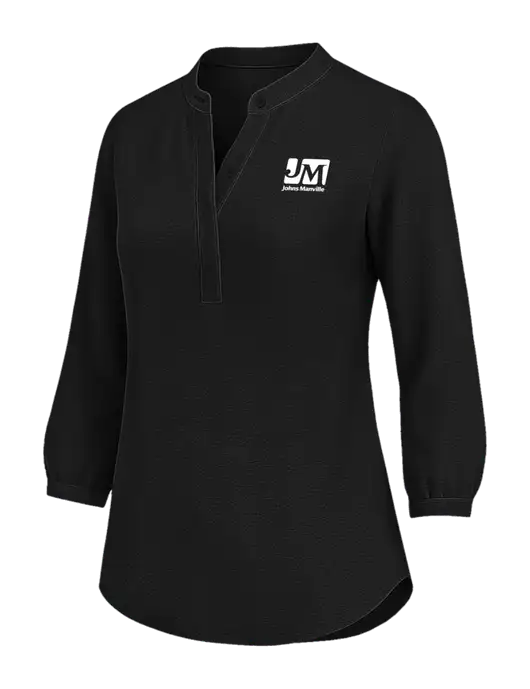 Womens Three Quarter-Sleeve Textured Black Crepe Tunic w/Johns Manville Logo