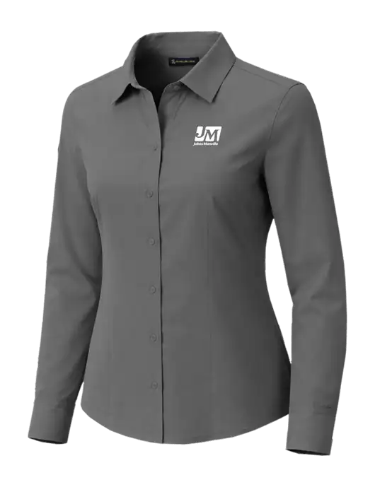 Brooks Brothers Womens Full-Button Dark Medium Grey Satin Blouse w/Johns Manville Logo