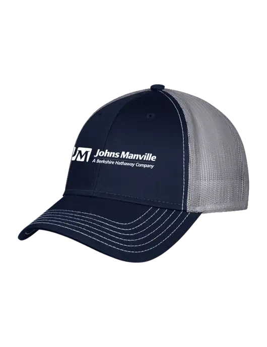 Navy & Grey Mesh Trucker Cap Snap Back w/Johns Manville Logo w/Tagline