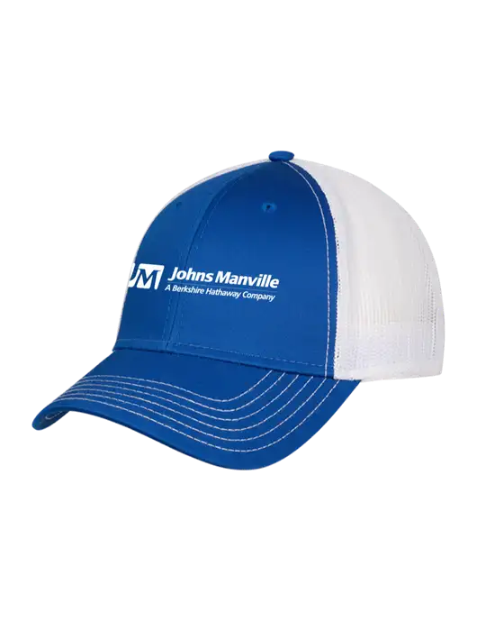 Royal & White Mesh Trucker Cap Snap Back w/Johns Manville Logo w/Tagline