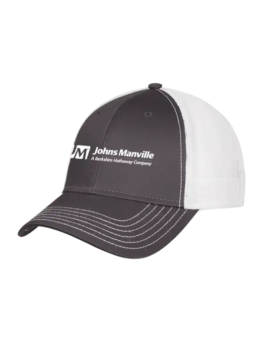 Dark Grey/White Mesh Trucker Cap Snap Back w/Johns Manville Logo w/Tagline