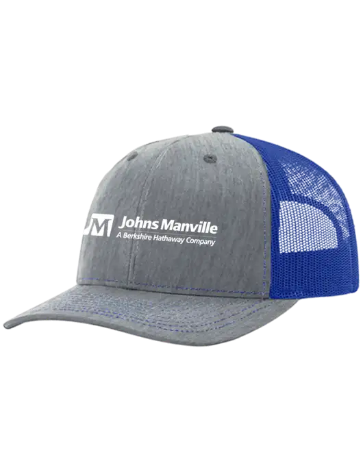 Richardson Adjustable Snapback Original 112 Trucker Cap Heather Light Grey w/Royal Mesh w/Johns Manville Logo w/Tagline