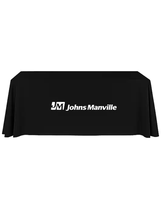 8' Stain-Resistant 4-Sided Black Table Cover w/Johns Manville Logo